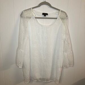 Cal Style  White Eyelet Peasant Blouse Flowy 3/4 Sleeve Large